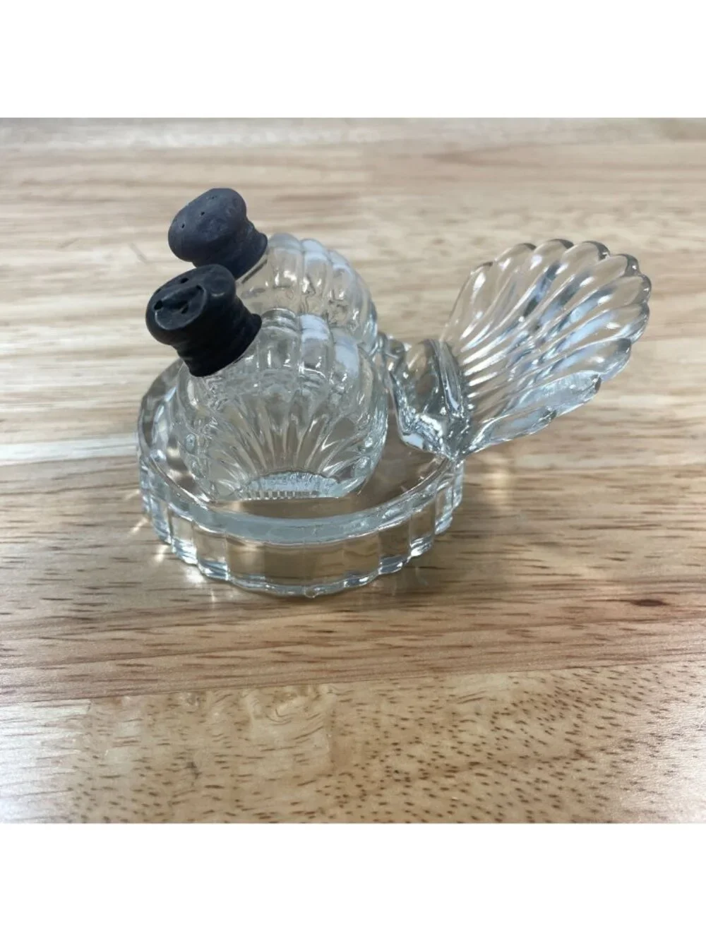 Vintage Mini Art Deco Clear Glass Salt and Pepper Shakers with Seashell Holder